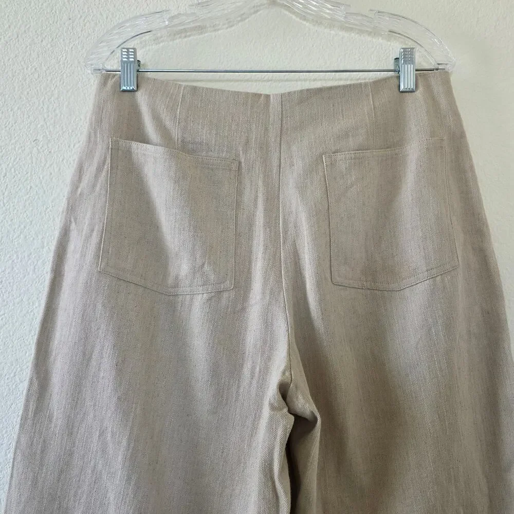 Zara Wide Leg Pants Beige Women Size L Linen Cotton Blend High Rise